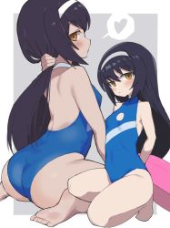 Rule 34 | 1girl, armpits, ass, back, black hair, blue one-piece swimsuit, border, breasts, brown eyes, casual one-piece swimsuit, covered navel, cutout above navel, feet, girls und panzer, grey background, hairband, highres, holding, holding own hair, long hair, m legs, one-piece swimsuit, reizei mako, sitting, small breasts, solo, swimsuit, thighs, turtleneck, white border, white hairband, yabai gorilla