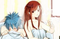 Rule 34 | 1boy, 1girl, achiba, aftersex, bed sheet, blue hair, blush, cigarette, couple, erza scarlet, fairy tail, jellal fernandes, long hair, naked sheet, red hair, ruined for marriage, smoking, tattoo, trembling