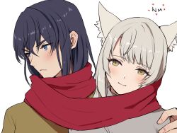 Rule 34 | 1boy, 1girl, animal ears, black hair, blue eyes, brown sweater, cat ears, cat girl, closed mouth, grey hair, grey sweater, half-closed eyes, highres, long hair, mio (xenoblade), noah (xenoblade), red scarf, scarf, short hair, smile, sweater, turtleneck, turtleneck sweater, upper body, xenoblade chronicles (series), xenoblade chronicles 3, yamamori kinako