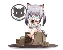 Rule 34 | 1girl, absurdres, animal ears, blue eyes, box, cardboard box, cat ears, cat girl, cat tail, chibi, coffee, collar, commission, cookie, drinking, food, glasses, grey hair, highres, logo, miaoema, shirt, t-shirt, tail, twintails