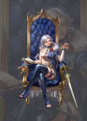 Rule 34 | 1girl, asymmetrical clothes, blue eyes, book, boots, breasts, commission, crossed legs, fur collar, grey hair, highres, long hair, looking at viewer, medium breasts, open book, original, pointy ears, seneka grafika, single sleeve, sitting, solo, sword, thigh boots, toeless footwear, weapon, zoom layer