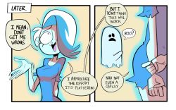 Rule 34 | 1girl, blue dress, blue hair, breasts, comic, dress, erection, eyebrows, ghost, herny, open mouth, phantasma (scooby-doo), scooby-doo, scooby-doo and the ghoul school, short hair, two-tone hair, white hair