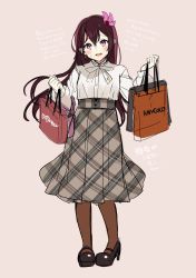 Rule 34 | 1girl, absurdres, alternate costume, bag, blouse, brown background, brown hair, brown pantyhose, brown skirt, full body, hair ornament, highres, kantai collection, kisaragi (kancolle), long hair, long sleeves, looking at viewer, mary janes, pantyhose, plaid, plaid skirt, purple eyes, shirt, shoes, shopping bag, simple background, skirt, solo, standing, translation request, white shirt, yunamaro