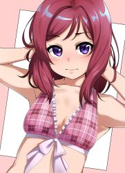 Rule 34 | 1girl, bikini, blush, bow, breasts, closed mouth, dot nose, embarrassed, front-tie bikini top, front-tie top, hands in hair, hands up, highres, igarashi kyouhei, looking at viewer, love live!, love live! school idol project, nishikino maki, pink bikini, purple eyes, red hair, small breasts, solo, swimsuit, upper body, white bow