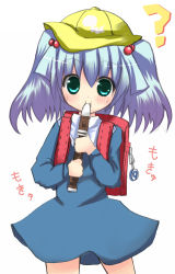 Rule 34 | 1girl, ?, backpack, bag, blue hair, child, female focus, flute, hair bobbles, hair ornament, hat, holding flute, holding instrument, instrument, kawashiro nitori, randoseru, recorder, simple background, solo, standing, touhou, tsunono, two side up, white background