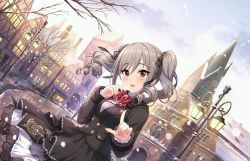 Rule 34 | 1girl, architecture, black coat, black ribbon, blush, brick road, building, buttons, chimney, christmas lights, coat, dress, drill hair, fur trim, hair ribbon, idolmaster, idolmaster cinderella girls, idolmaster cinderella girls starlight stage, kanzaki ranko, lace trim, lamppost, layered dress, looking at viewer, official art, pocket, red eyes, red ribbon, ribbon, silver hair, snow, tree, twin drills, twintails, winter, winter clothes