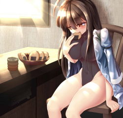 Rule 34 | 1girl, :&gt;, ahoge, bad hands, bad id, bad pixiv id, black hair, blush, breasts, cookie, cosplay, covered navel, cup, eating, artistic error, female focus, food, highres, huge ahoge, impossible clothes, impossible leotard, jacket, jacket on shoulders, large breasts, leotard, long hair, morichika rinnosuke, morichika rinnosuke (cosplay), red eyes, senbei, sendai hakurei no miko, sitting, solo, sunrise, touhou, yunomi, z.o.b