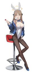 Rule 34 | 1girl, :d, absurdres, alternate costume, animal ears, bar stool, bare shoulders, black jacket, black pantyhose, blue archive, blue bow, blue bowtie, blue footwear, blue jacket, bow, bowtie, breasts, brown eyes, brown hair, candy, chupa chups, cleavage, collarbone, commentary request, detached collar, east hyeon, fake animal ears, food, full body, hair between eyes, hair ribbon, hairband, halo, high heels, highres, jacket, large breasts, leotard, lollipop, long hair, long sleeves, looking at viewer, moe (blue archive), open mouth, pantyhose, playboy bunny, rabbit ears, ribbon, sidelocks, simple background, sitting, smile, solo, stool, strapless, strapless leotard, twintails, white background, white leotard