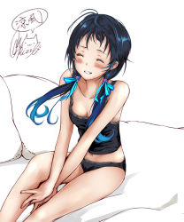 Rule 34 | 1girl, black panties, blue hair, blush, breasts, closed eyes, commentary request, gradient hair, grin, kantai collection, long hair, low twintails, multicolored hair, on bed, open mouth, panties, rizzl, simple background, sitting, sleepwear, small breasts, smile, solo, suzukaze (kancolle), twintails, underwear, white background