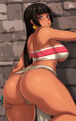 Rule 34 | 1girl, absurdres, ass, ass grab, back, black eyes, black hair, blunt bangs, breasts, chel (the road to el dorado), covered erect nipples, dark-skinned female, dark skin, earrings, grabbing own ass, highres, jewelry, jmg, large breasts, loincloth aside, long hair, looking at viewer, parted lips, pelvic curtain, shoulder blades, sideboob, signature, simple background, solo, standing, straight hair, strapless, the road to el dorado, thick thighs, thighs, tube top