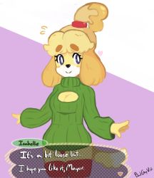 Rule 34 | 1girl, animal crossing, artist name, badguyvivi, blonde hair, blue eyes, blush, blush stickers, breasts, cleavage, dialogue box, dog tail, english text, female focus, flying sweatdrops, furry, furry female, green sweater, hair tie, hands up, heart, highres, isabelle (animal crossing), long sleeves, looking away, looking to the side, medium breasts, meme attire, nintendo, open-chest sweater, panties, purple background, red panties, red thighhighs, ribbed sweater, short hair, signature, simple background, smile, solo, standing, sweater, tail, text focus, thighhighs, turtleneck, turtleneck sweater, two-tone background, underwear, white background