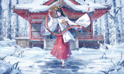 Rule 34 | 1girl, bell, black hair, commentary, commentary request, crown, december, hakama, hakama skirt, highres, hime cut, holding, japanese clothes, jingle bell, kagura suzu, long hair, looking at viewer, miko, original, personification, red hakama, ryuu32, shrine, skirt, smile, snow, solo, very long hair
