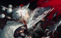 Rule 34 | animal ears, blood, blood splatter, chin strap, colored eyelashes, detached sleeves, fangs, fighting, grey hair, hat, highres, huang gua, inubashiri momiji, japanese clothes, katana, open mouth, pom pom (clothes), shield, short hair, solo focus, sword, tokin hat, touhou, weapon, white hair, wide sleeves, wolf, wolf ears, wolf girl, yellow eyes