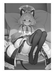 Rule 34 | 1girl, animal ear headphones, animal ears, black thighhighs, blue archive, blunt bangs, blush, border, bow, cat ear headphones, cat tail, collared shirt, couch, dress shirt, fake animal ears, frown, furrowed brow, greyscale, hair bow, half-closed eyes, halo, headphones, highres, jacket, knees up, leaning back, long sleeves, looking at viewer, low twintails, midori (blue archive), monochrome, multicolored clothes, multicolored jacket, necktie, no shoes, off shoulder, on couch, open clothes, open jacket, panties, pantyshot, pillow, pretty mundane, reclining, shirt, short necktie, sitting, sleeves past wrists, solo, striped clothes, striped panties, stuffed toy, tail, thighhighs, twintails, underwear, white border, white shirt, wide sleeves