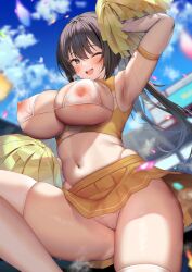 Rule 34 | bikini, bikini under clothes, blush, breasts, breasts out, cheerleader, cleft of venus, covered erect nipples, highres, large breasts, long hair, mintice (asatsukimint), original, outdoors, pom pom (cheerleading), ponytail, pussy, pussy peek, see-through, steaming body, swimsuit