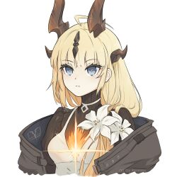 Rule 34 | 1girl, ahoge, arknights, artist name, black sweater, blonde hair, blue eyes, breasts, closed mouth, crop top, crop top overhang, dragon horns, dress, expressionless, flower, hair flower, hair ornament, hair over shoulder, highres, horns, lexielex, lily (flower), long hair, open clothes, reed (arknights), simple background, small breasts, solo, sweater, upper body, white background, white dress, white flower