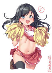 Rule 34 | 1girl, asashio (kancolle), black hair, black thighhighs, blue eyes, blush, breasts, cheerleader, collarbone, cowboy shot, crop top, crop top overhang, ebifurya, eighth note, groin, highres, holding, kantai collection, long hair, looking at viewer, midriff, miniskirt, motion lines, musical note, navel, no bra, no panties, open mouth, pleated skirt, pom pom (cheerleading), simple background, skirt, sleeveless, small breasts, smile, solo, spoken musical note, standing, standing on one leg, teeth, thighhighs, upper teeth only, white background