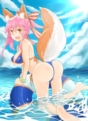 Rule 34 | 10s, 1girl, animal ears, ass, barefoot, bikini, blue bikini, blush, breasts, cleavage, fang, fate/extra, fate/grand order, fate (series), feet, fox ears, fox tail, hair ornament, hair ribbon, highres, large breasts, long hair, looking at viewer, looking back, navel, ocean, open mouth, pink hair, ribbon, solo, swimsuit, tail, tamamo (fate), tamamo no mae (fate/extra), tamamo no mae (swimsuit lancer) (fate), water, yellow eyes
