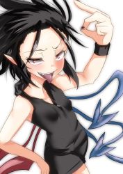 Rule 34 | 1girl, asymmetrical wings, black hair, contemporary, female focus, forehead, houjuu nue, nail polish, pointy ears, red eyes, short hair, short shorts, shorts, solo, takorice, tongue, tongue out, touhou, wings, wristband
