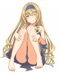Rule 34 | 10s, 1girl, ass, bare legs, bare shoulders, barefoot, blonde hair, blue dress, blue eyes, blue skirt, cecilia alcott, dress, drill hair, face, feet, full body, infinite stratos, long hair, long legs, looking at viewer, mune, one eye closed, panties, simple background, sitting, skirt, smile, solo, underwear, wink
