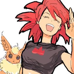 Rule 34 | 00s, 1girl, :d, babydoll t-shirt, closed eyes, creatures (company), crop top, fire, flannery (pokemon), flareon, game freak, gen 1 pokemon, gym leader, happy, holla, holler, lowres, nintendo, open mouth, pokemon, pokemon (creature), pokemon rse, red hair, rokon, simple background, smile, white background