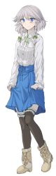 Rule 34 | 1girl, alternate costume, black thighhighs, blue eyes, blush, boots, bow, braid, cross-laced footwear, full body, geppewi, hair bow, hair ornament, izayoi sakuya, lace-up boots, long sleeves, looking at viewer, meme attire, shirt, short hair, silver hair, simple background, skirt, skirt hold, smile, solo, thighhighs, touhou, twin braids, virgin killer outfit, white background