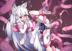 Rule 34 | 1girl, absurdres, ahoge, animal ears, barefoot, blush, bow, cat ears, fukutchi, hair bow, heart, heart-shaped pupils, highres, long hair, long sleeves, one-piece swimsuit, restrained, school swimsuit, swimsuit, swimsuit under clothes, symbol-shaped pupils, tears, tentacle sex, tentacles, trembling, vaginal
