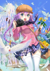 Rule 34 | 1girl, :d, bag, bird, blue eyes, braid, camera, coat, flower, himonoata, holding, long hair, looking at viewer, open mouth, original, plaid, plaid skirt, pleated skirt, purple hair, scarf, shoulder bag, skirt, smile, td, thighhighs, twin braids, twintails, very long hair, white thighhighs, zettai ryouiki