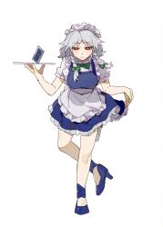 Rule 34 | 1girl, apron, blue dress, blue footwear, bow, bowtie, braid, breasts, chinese commentary, closed mouth, commentary request, dress, frilled apron, frilled skirt, frilled sleeves, frills, full body, green bow, green bowtie, grey hair, high heels, highres, izayoi sakuya, large breasts, medium hair, phagic, pinafore dress, puffy short sleeves, puffy sleeves, red eyes, shirt, short sleeves, simple background, skirt, sleeveless, sleeveless dress, smile, solo, touhou, twin braids, white apron, white background, white shirt, white sleeves