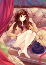 Rule 34 | 1girl, barefoot, brown hair, cat, couch, hand on leg, highres, knees up, legs together, looking at viewer, open mouth, original, panties, pantyshot, pillow, severus, sitting, solo, underwear, upskirt, yellow eyes