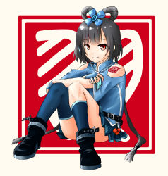 Rule 34 | 1girl, asymmetrical legwear, bad id, bad pixiv id, bare shoulders, boots, bow, fingerless gloves, gloves, grey hair, hair bow, headset, highres, long hair, looking at viewer, luo tianyi, mismatched legwear, rasen ou, red eyes, short hair with long locks, single thighhigh, sitting, skirt, smile, solo, thighhighs, twintails, vocaloid