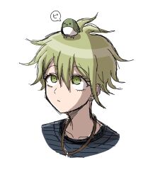 Rule 34 | 1boy, amami rantaro, animal, animal on head, bird, bird on head, closed mouth, cropped shoulders, danganronpa (series), danganronpa v3: killing harmony, earrings, green eyes, green hair, highres, jewelry, looking up, male focus, messy hair, necklace, on head, portrait, shirt, short hair, simple background, solo, speech bubble, striped clothes, striped shirt, suiren yurei, translation request, white background