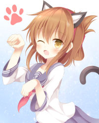 Rule 34 | 10s, 1girl, aibumi, animal ears, bad id, bad pixiv id, brown eyes, brown hair, cat ears, cat tail, fake animal ears, fang, folded ponytail, highres, inazuma (kancolle), kantai collection, kemonomimi mode, long sleeves, neckerchief, one eye closed, open mouth, paw pose, paw print, pen-zin, personification, school uniform, serafuku, shirt, skirt, solo, tail, wink