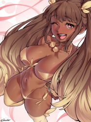 Rule 34 | 1girl, bare shoulders, bikini, blonde hair, blush, breasts, cleavage, collarbone, creatures (company), dark-skinned female, dark skin, dracksart, game freak, gen 4 pokemon, gold bikini, highres, large breasts, long hair, looking at viewer, lopunny, mole, mole under mouth, navel, nintendo, open mouth, personification, pink eyes, pokemon, pokemon dppt, smile, solo, swimsuit, thick thighs, thighhighs, thighs, very dark skin, wide hips