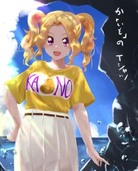 Rule 34 | 1girl, :d, aikatsu!, aikatsu! (series), beach, belt, blush, breasts, brown belt, cloud, cloudy sky, collarbone, commentary request, cowboy shot, daichi nono, day, drill hair, eyes visible through hair, food print, hair intakes, hand on own hip, high-waist skirt, highres, large breasts, light rays, long skirt, looking at viewer, mole, mole under eye, multicolored shirt, ocean, open mouth, pleated skirt, potato, potato print, purple eyes, rock, romaji text, shirt, shirt tucked in, short sleeves, skirt, sky, smile, solo, standing, sunlight, t-shirt, taiyaki29, tented shirt, translation request, twin drills, twintails, water drop, wet, white shirt, white skirt, yellow shirt