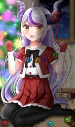 Rule 34 | 1girl, aisumi, christmas, gloves, grey hair, highres, hololive, horns, la+ darknesss, long hair, looking at viewer, multicolored hair, open mouth, santa costume, smile, solo, streaked hair, virtual youtuber, yellow eyes
