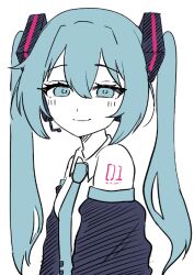 Rule 34 | 1girl, arms at sides, bare shoulders, black sleeves, blue hair, blue necktie, blush, closed mouth, collared shirt, colored skin, detached sleeves, from side, hatching (texture), hatsune miku, headset, linear hatching, long hair, long sleeves, looking at viewer, microphone, necktie, number tattoo, shirt, simple background, smile, solo, tattoo, twintails, upper body, vocaloid, white background, white shirt, white skin, wonder (natade nico2525)