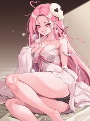 Rule 34 | 1girl, ahoge, ass, bare shoulders, barefoot, bed sheet, black bra, black panties, bloody0rabby, blush, bra, breasts, cameltoe, character request, cleavage, cleft of venus, collarbone, commentary request, dress, forehead, grin, hair ornament, hand up, heart, heart-shaped eyes, heart ahoge, highres, large breasts, long hair, looking at viewer, mole, mole on ass, mole under eye, panties, parted bangs, pink hair, red eyes, skull hair ornament, sleeveless, sleeveless dress, smile, solo, strap slip, trickcal, underwear, very long hair, white dress