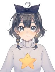 Rule 34 | 1girl, ahoge, black bow, black eyes, black hair, blush, bow, braid, commentary, cowlick, earrings, english commentary, freckles, grey sweater, hair behind ear, hair bow, hair ornament, heart, heart ahoge, heart hair ornament, highres, indie virtual youtuber, jewelry, mya rt, official art, portrait, ryusei nova, short hair, smile, solo, star (symbol), sweater, transparent background, twin braids, virtual youtuber, white background