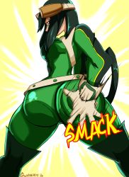 Rule 34 | 1girl, absurdres, ass, asui tsuyu, black hair, bodysuit, boku no hero academia, boots, deep skin, from behind, ghostnerdy, gloves, green eyes, hand on ass, highres, long hair, looking at viewer, looking back, shiny clothes, skin tight, solo, spanked, spanking, spanking self, taunting, thigh boots, thighhighs, very long hair