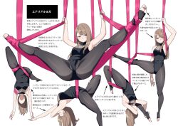 Rule 34 | 1girl, aerial silk, armpits, arms up, black leotard, blush, breasts, cleavage, contortion, flexible, kuro (toi et moi), leotard, light brown hair, light frown, long hair, multiple views, narrowed eyes, original, partially toeless legwear, red eyes, ribbon, simple background, sleeveless, small breasts, spread legs, stretching, toes, upside-down, white background