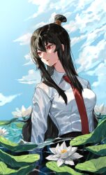 Rule 34 | 1girl, absurdres, black hair, blue sky, breasts, carol0905, closed mouth, cloud, collared shirt, flower, hair bun, hair ornament, highres, library of ruina, long hair, lotus, lotus leaf, medium breasts, necktie, partially submerged, project moon, red eyes, red necktie, shirt, sidelocks, sky, sunlight, very long hair, water, white flower, white shirt, xiao (project moon)