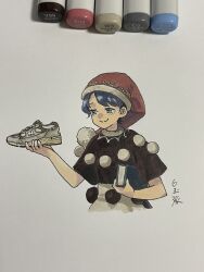 Rule 34 | 1girl, art tools in frame, black shirt, blue eyes, blue hair, blush, book, closed mouth, cropped torso, doremy sweet, grey footwear, hat, high-waist skirt, highres, holding, holding book, holding clothes, holding footwear, looking at object, marker, marker (medium), nightcap, photo (medium), pom pom (clothes), red hat, shiratama (hockey), shirt, shoes, short hair, signature, skirt, smile, smirk, sneakers, solo, t-shirt, touhou, traditional media, translated, white skirt