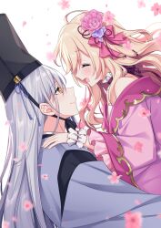 Rule 34 | 1boy, 1girl, :d, ^ ^, ahoge, bare shoulders, black headwear, blonde hair, blush, closed eyes, closed mouth, commission, facing another, flower, grey hair, hair between eyes, hair flower, hair ornament, hand on another&#039;s shoulder, highres, japanese clothes, kariginu, kimono, long hair, long sleeves, looking at another, off shoulder, open mouth, original, pink flower, pink kimono, pixiv commission, profile, sacraneco, simple background, smile, very long hair, white background, wide sleeves, wrist cuffs