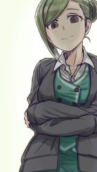 Rule 34 | 1girl, backlighting, bad id, bad pixiv id, cardigan, collarbone, collared shirt, commentary request, cowboy shot, crossed arms, folded ponytail, formal, from below, green hair, green jacket, highres, idolmaster, idolmaster shiny colors, inu chikushou, jacket, looking at viewer, looking down, nanakusa hazuki, office lady, open cardigan, open clothes, shirt, simple background, skirt, skirt suit, smile, solo, suit
