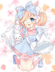 Rule 34 | 1girl, :d, animal, apron, bag, bell, blonde hair, blue apron, blue bow, blue eyes, blue flower, blue footwear, blush, borrowed character, bow, brown flower, cat, collared dress, commentary request, commission, cutesu (cutesuu), double bun, dress, eyepatch, feathered wings, floral background, flower, frilled bow, frilled socks, frills, full body, gau (n00 shi), hair bell, hair bow, hair bun, hair ornament, highres, jingle bell, kneehighs, knees together feet apart, loafers, long sleeves, looking at viewer, medical eyepatch, mini wings, open mouth, original, pink dress, pink flower, pink socks, pixiv commission, pleated dress, purple flower, ribbon-trimmed dress, ribbon trim, shoes, shoulder bag, skirt, sleeves past fingers, sleeves past wrists, smile, socks, solo, white background, white cat, white wings, wide sleeves, wings
