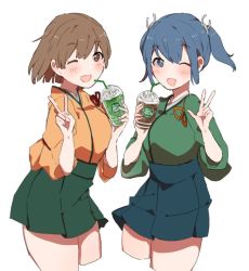 Rule 34 | 2girls, blue eyes, blue hair, blue hakama, brown hair, cowboy shot, cup, disposable cup, drink, drinking straw, frappuccino, fujisaki (si da), green hakama, green kimono, hakama, hakama short skirt, hakama skirt, hiryuu (kancolle), japanese clothes, kantai collection, kimono, multiple girls, one eye closed, one side up, open mouth, orange kimono, short hair, simple background, skirt, smile, souryuu (kancolle), starbucks, twintails, white background