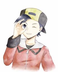 Rule 34 | 1boy, asuka rkgk, backwards hat, baseball cap, black hair, black shirt, collarbone, commentary request, creatures (company), ethan (pokemon), game freak, grey eyes, hand up, hat, jacket, long sleeves, looking at viewer, male focus, nintendo, ok sign, one eye closed, pokemon, pokemon hgss, red jacket, shirt, short hair, simple background, smile, solo, upper body, white background, zipper pull tab