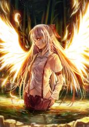 Rule 34 | 1girl, bamboo, bow, fire, freeze-ex, fujiwara no mokou, glowing, glowing eyes, hair bow, highres, in water, long hair, looking at viewer, outdoors, pants, shirt, smile, solo, suspenders, touhou, undressing, wading, wet, white hair, wings