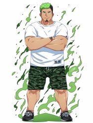 Rule 34 | 1boy, alternate costume, bara, beard, black hair, casual, closed mouth, crossed arms, dark skin, facial hair, fire, full body, green eyes, green fire, green hair, highres, ikusaba daisuke, looking at viewer, male focus, multicolored hair, muscular, shirt, shoes, shorts, simple background, smile, solo, standing, taurus mask, tepen (tptptpn), tokyo houkago summoners, watch, white shirt